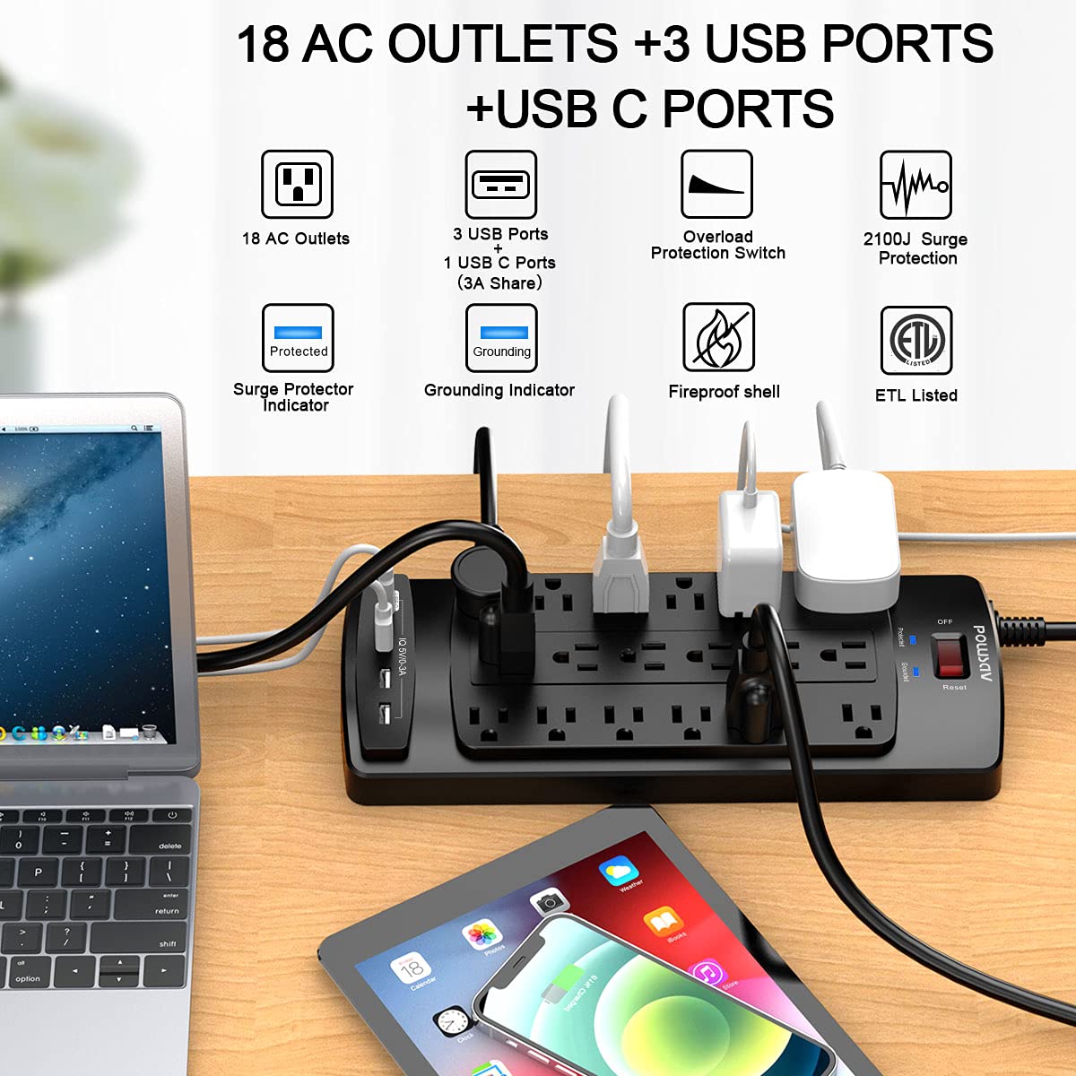 18 Outlets Surge Protector Power Strip - 6 Feet Flat Plug Heavy Duty Extension Cord with 18 Widely Outlets and 4 USB Ports, 2100 Joules, Black, ETL