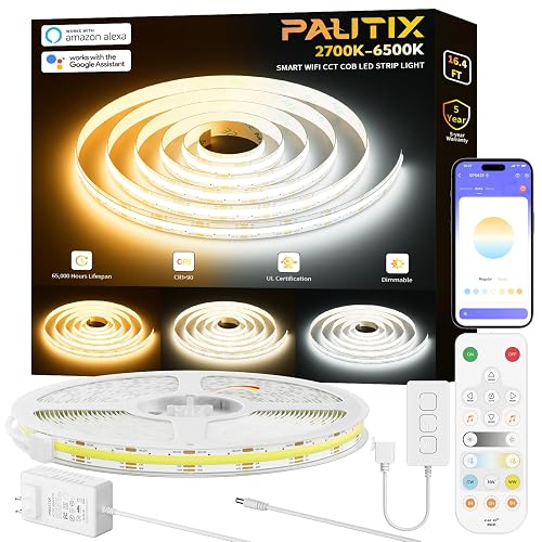 PAUTIX CCT COB LED Strip Light White Tunable 3200LEDs,CRI90+ 16.4ft/5m Dimmable 2700K-6500K 24V LED Tape Lights Kit,Work with Alexa/Google