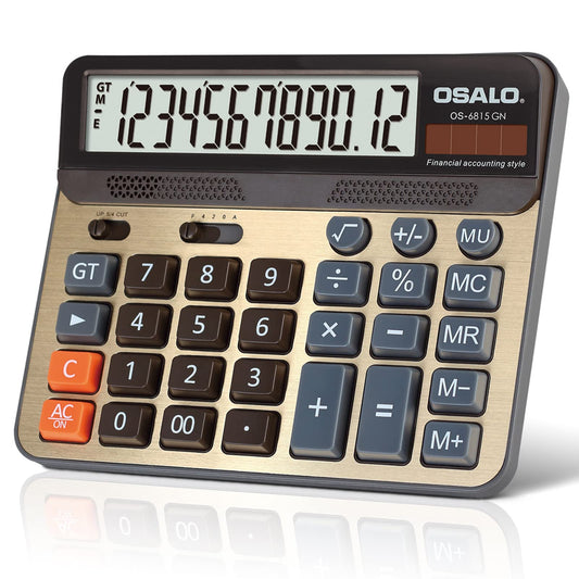 Desktop Calculator Extra Large 5-Inch LCD Display 12-Digit Big Number Accounting Calculator with Giant Response Button, Battery & Solar Powered
