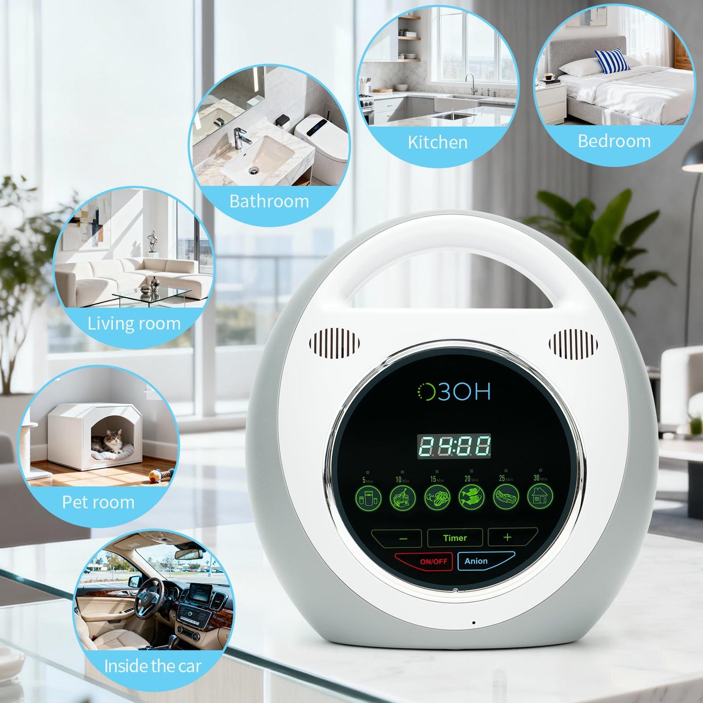YTMAHPEN 800mg/h Multifunction Ozone Negative Ion Machine Clean Water Food Air Pet Odor Eliminating Starting Smart Applaate Power On Car Wire 12V