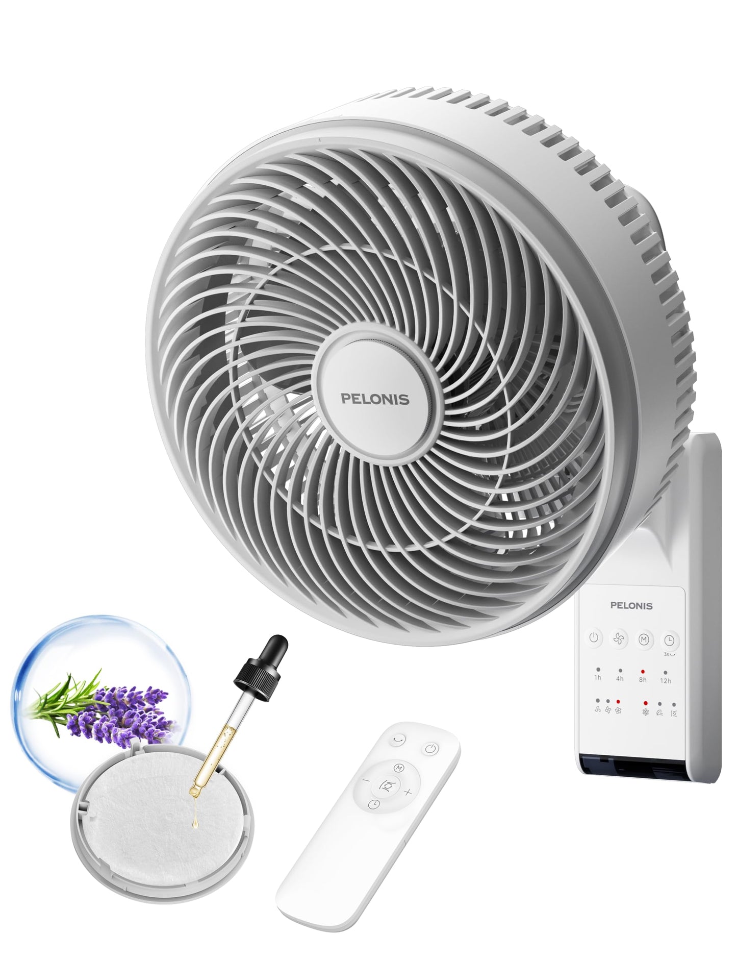 PELONIS 14 inch Wall Mount Fan with Remote Control, Osicllating Fan with 26ft Powerful Airflow, 3 Speed & 3 Modes, Auto 90° Horizontal & 68° Vertical