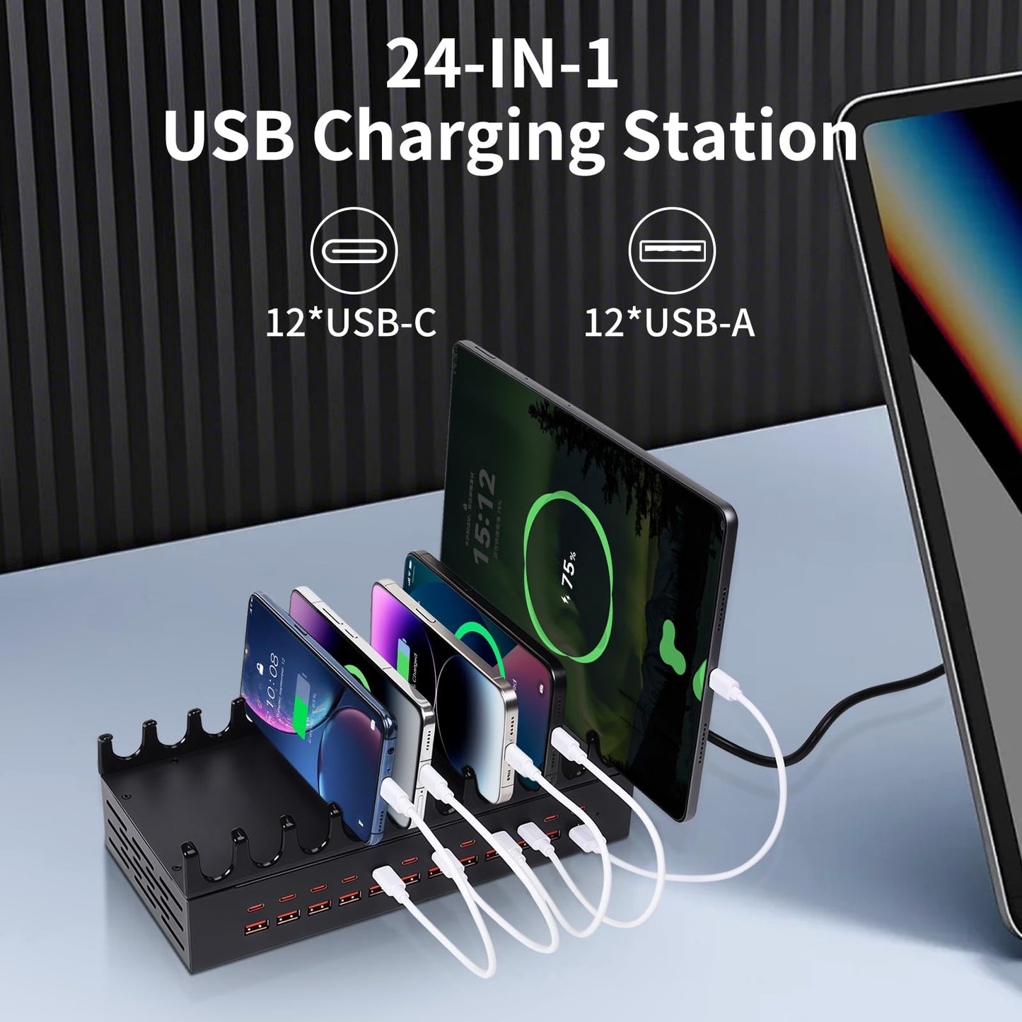 300W Charging Station for Multiple Devices - 24 Ports USB Fast Charging Station with Smart Power Delivery - Kindle, Phone, Tablet Charger Station