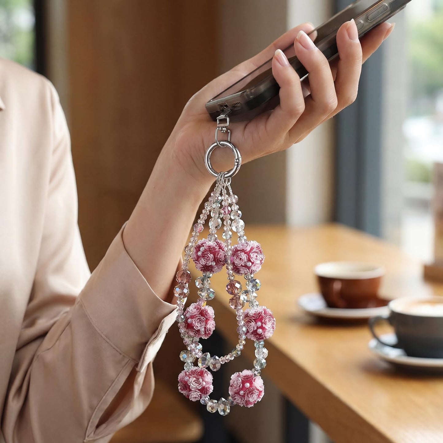 DYLWMYRL phone chain Anti-Lost Handmade Burgundy Rose Beaded Wristlet, Luxury Crystal Pearl Strap for Women, Detachable Design Compatible with Most