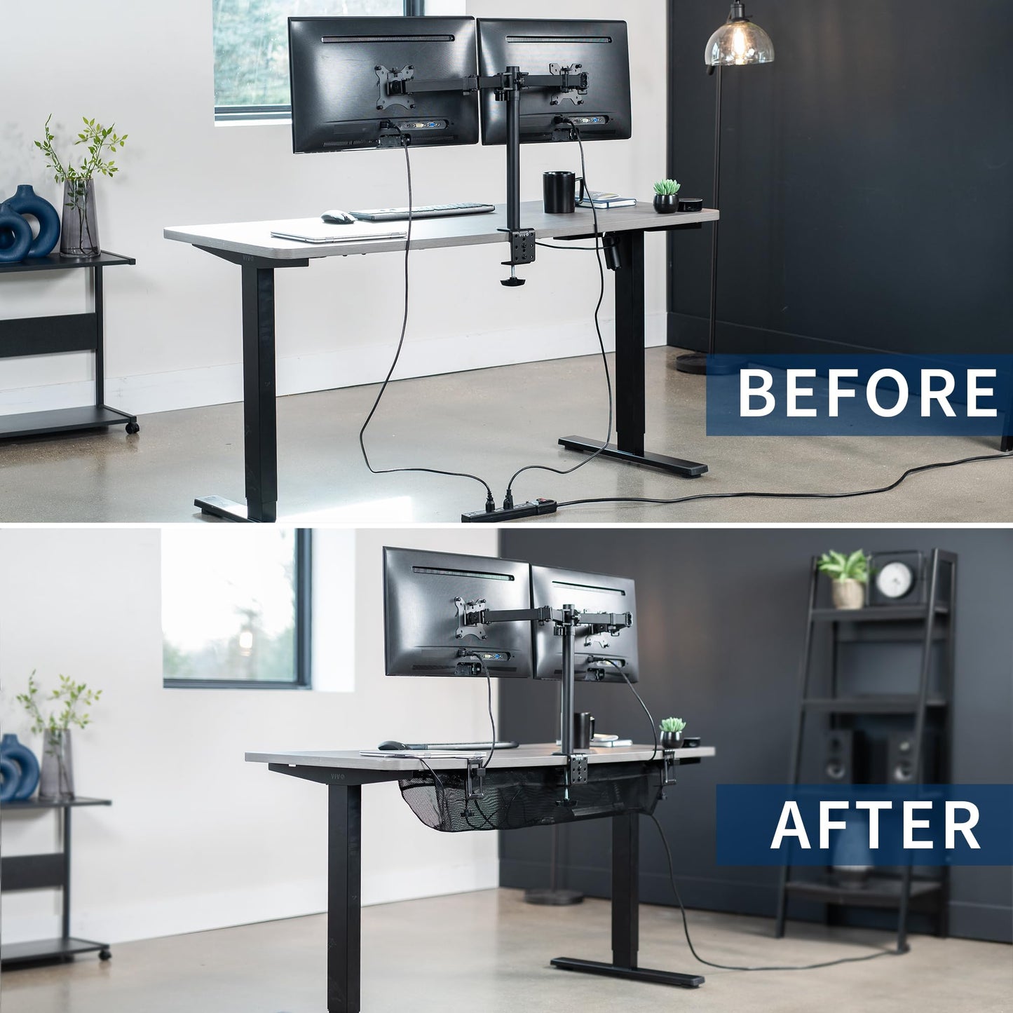 VIVO No Drill Clamp-on 44 inch Mesh Net Under Desk Cable Management Wire Organizer, Adjustable Home Office Standing Desk Cord Storage Sleeve, Black