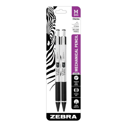 Zebra Pen, STEEL M-301 Mechanical Pencils, 0.5mm Fine Point, Refillable Lead, Stainless Steel Barrel, Built-in Eraser, Durable Clip, Lightweight