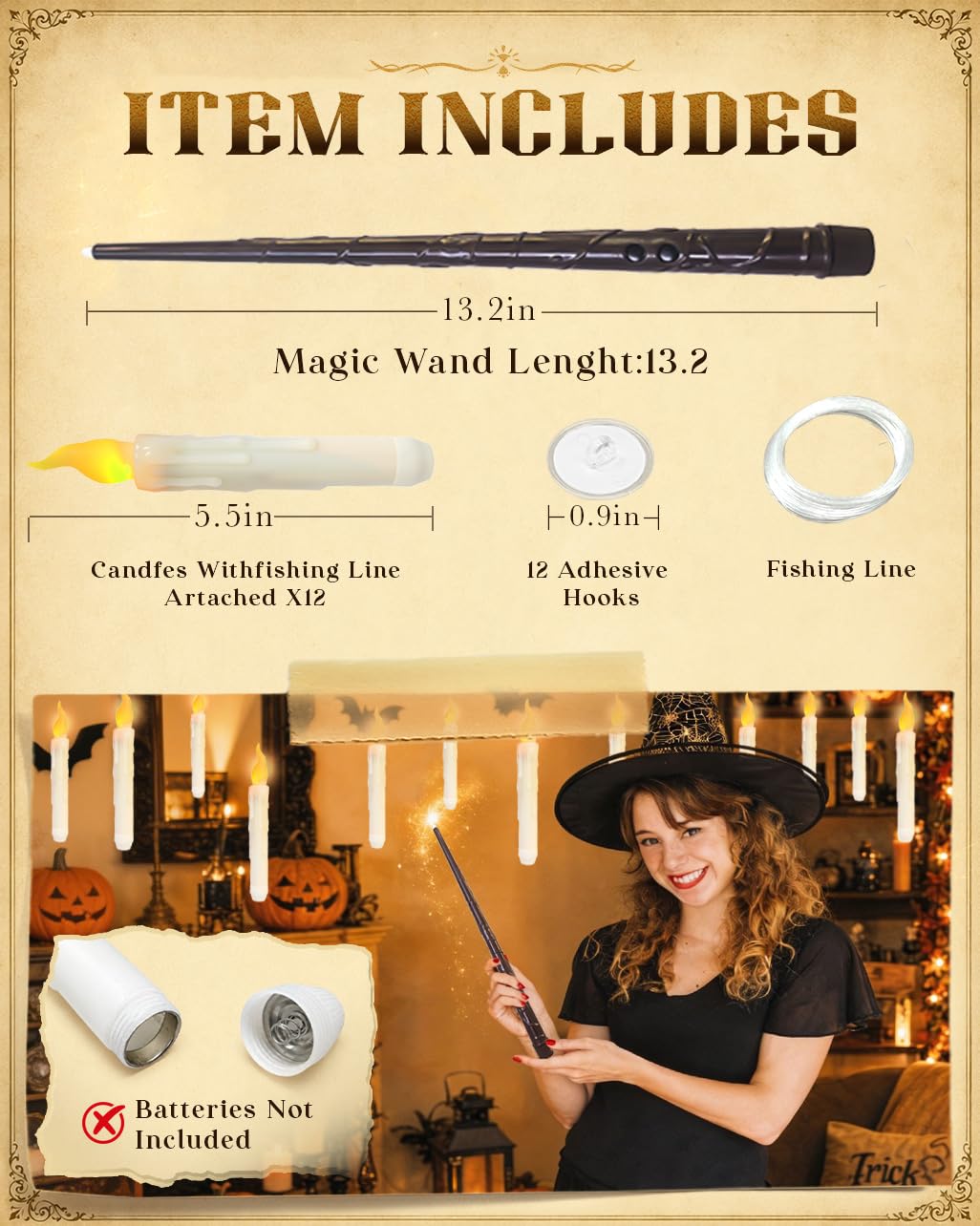 WEIBOLT Flameless Floating Candles with Wand?12 Pcs Magic LED Hanging Taper Candles?Flickering Battery Operated Taper Candle with Wand Remote