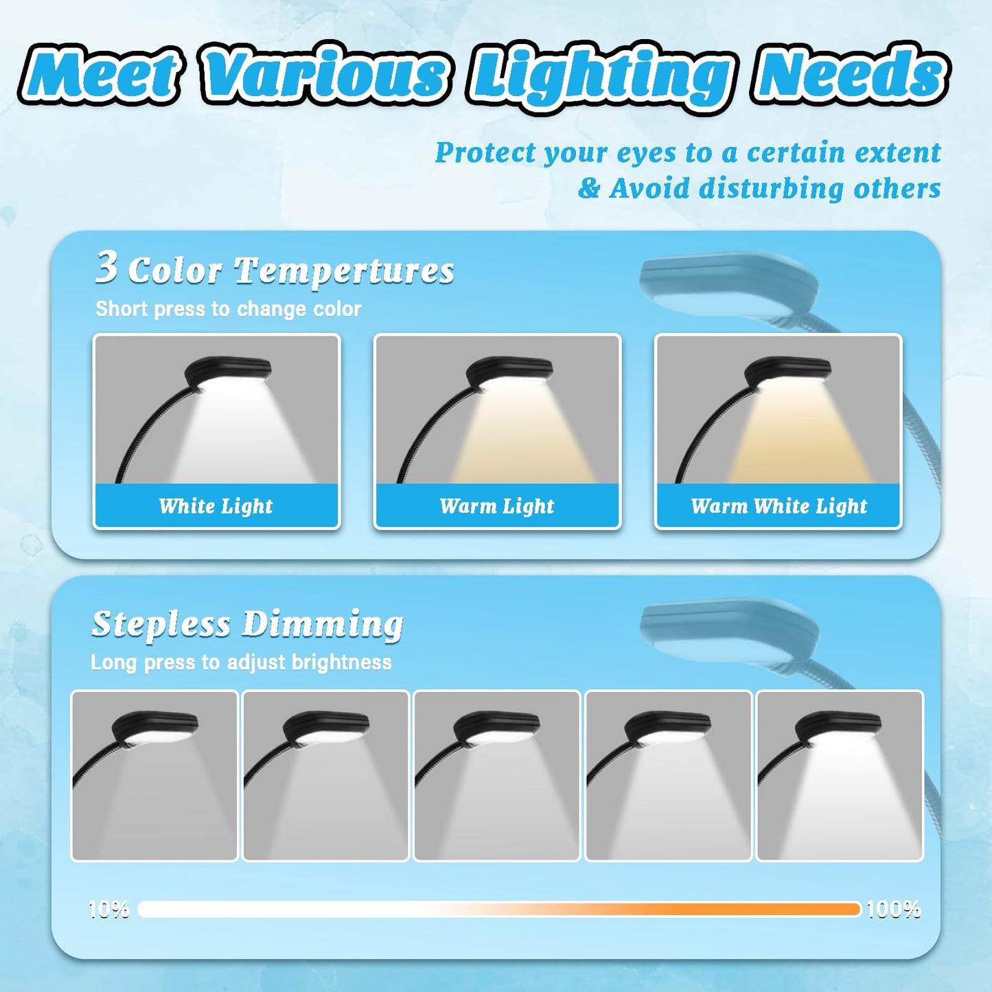Rechargeable Book Light, Reading Lights for Books in Bed with 3 Color Temperatures & Stepless Dimming Brightness, 360°rotatable clip-on reading light