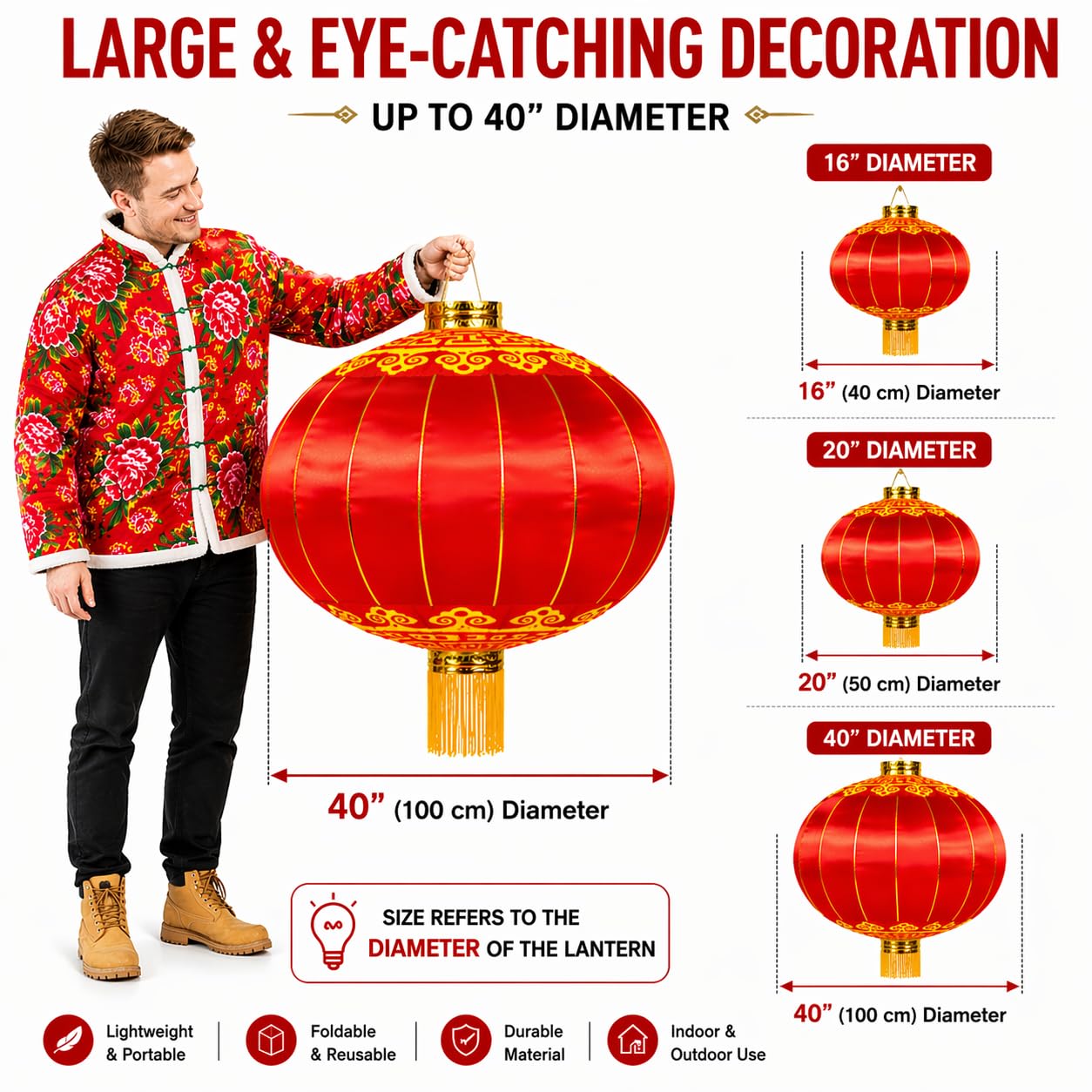 Large Chinese Lantern, Red Traditional Hanging Lamp Shade China New Year Spring Festival Decoration Cloth Lighting (16'')