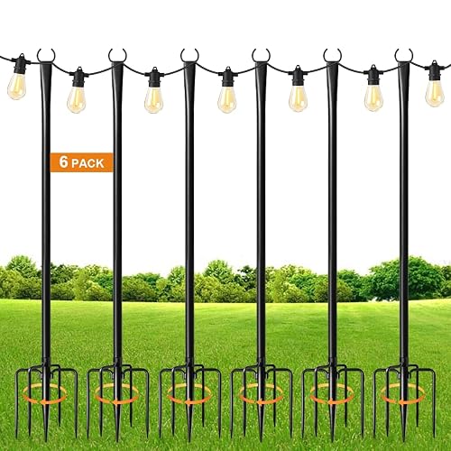 MuliVid 6 Pack 9FT String Light Poles for Outdoor,Metal Lights Hanging Pole Outside with Fork,Light Stand for Patio, Pergola, Garden, Backyard, Yard