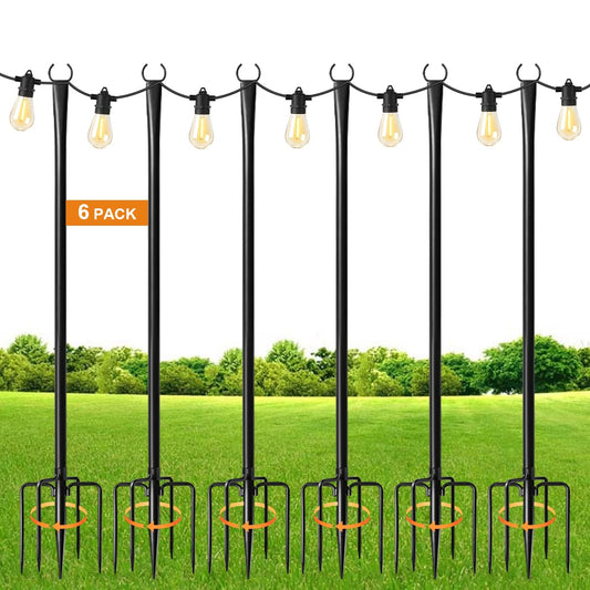MuliVid 6 Pack 9FT String Light Poles for Outdoor,Metal Lights Hanging Pole Outside with Fork,Light Stand for Patio, Pergola, Garden, Backyard, Yard