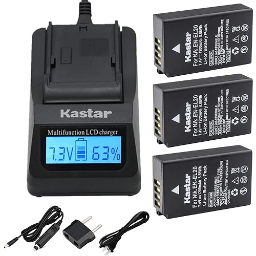 Kastar Fast Charger Kit and Battery (3-Pack) for Nikon EN-EL20, EN-EL20a and Nikon Coolpix A, Nikon 1 AW1, Nikon 1 J1, Nikon 1 J2, Nikon 1 J3, Nikon 1