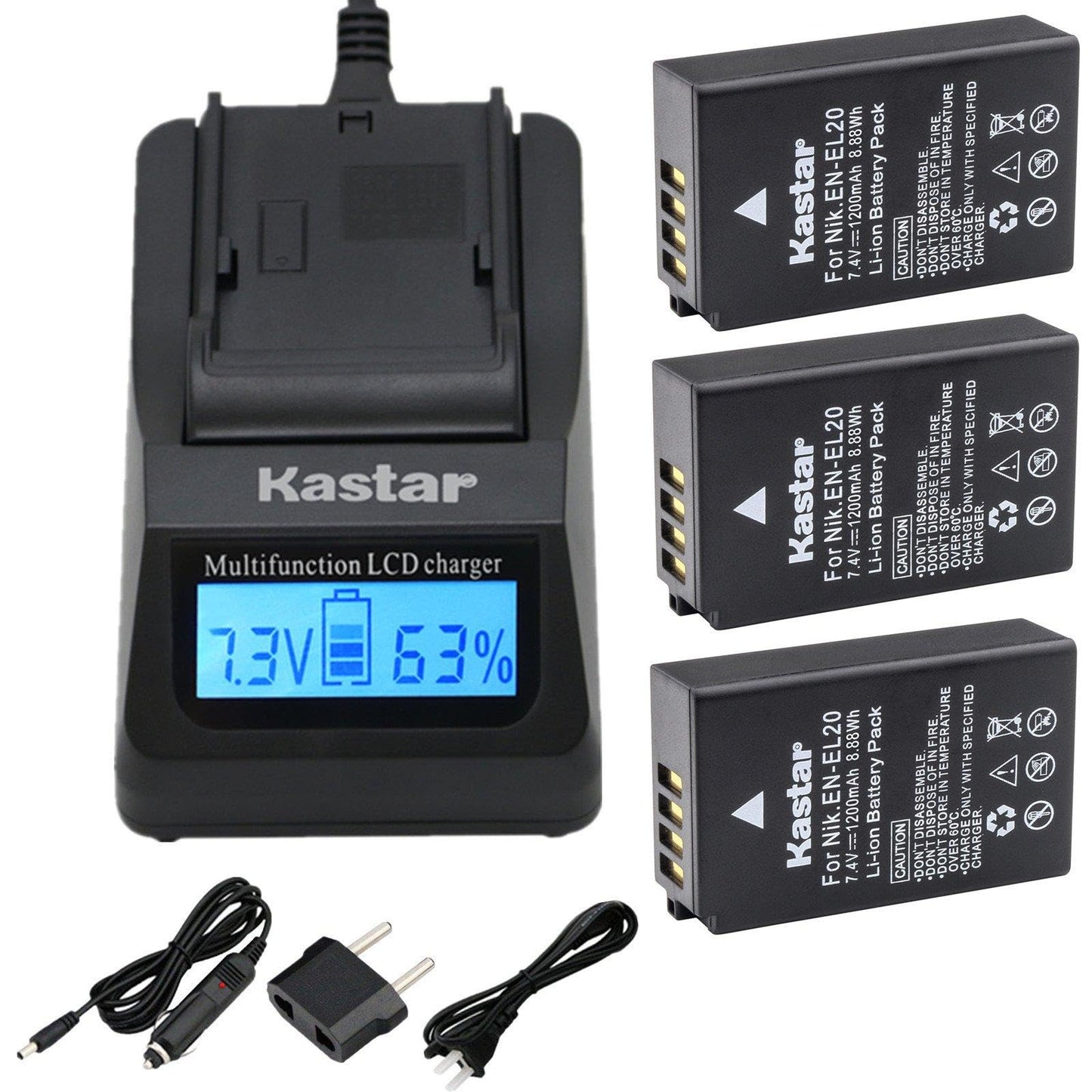 Kastar Fast Charger Kit and Battery (3-Pack) for Nikon EN-EL20, EN-EL20a and Nikon Coolpix A, Nikon 1 AW1, Nikon 1 J1, Nikon 1 J2, Nikon 1 J3, Nikon 1