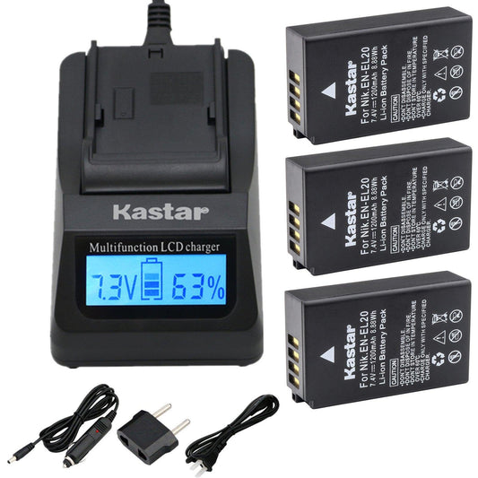 Kastar Fast Charger Kit and Battery (3-Pack) for Nikon EN-EL20, EN-EL20a and Nikon Coolpix A, Nikon 1 AW1, Nikon 1 J1, Nikon 1 J2, Nikon 1 J3, Nikon 1