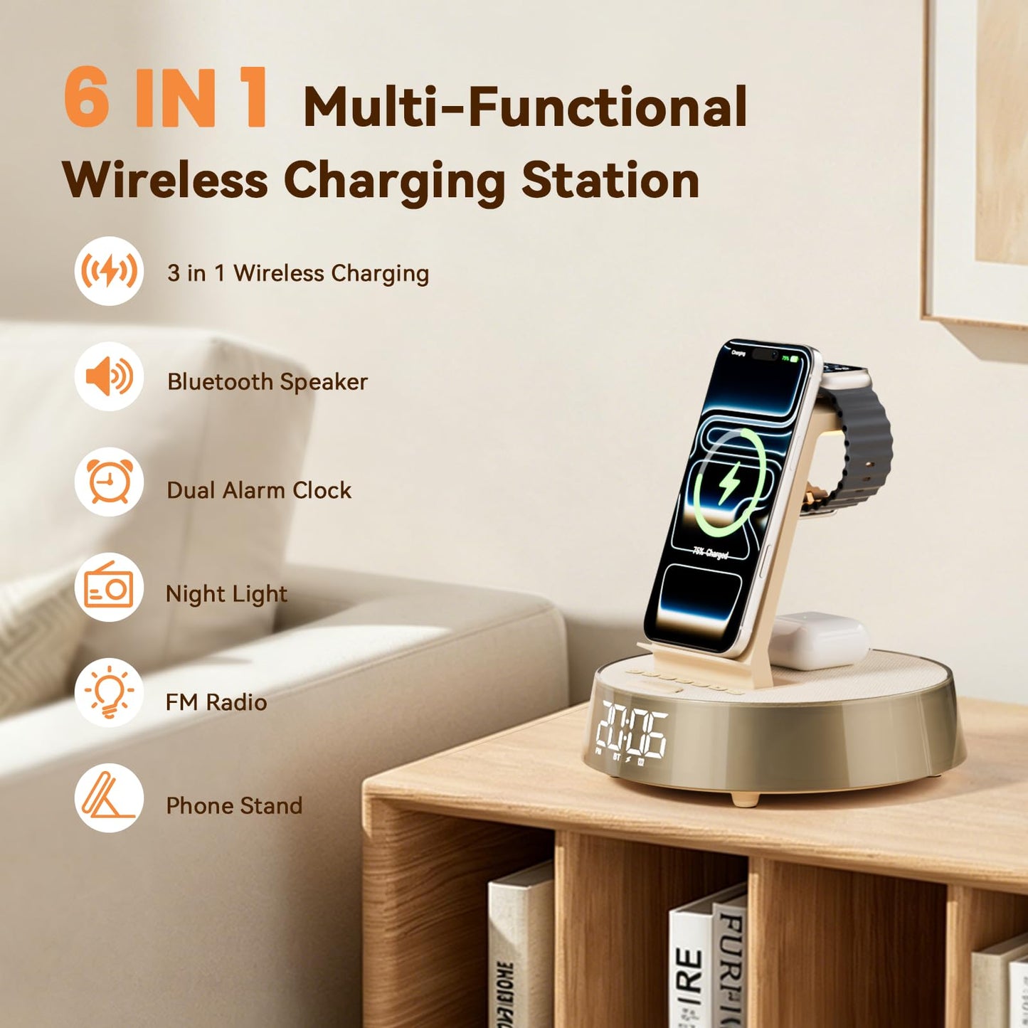 6 in 1 Wireless Charging Station with Alarm Clock, Bluetooth Speaker, FM Radio, Night Light for Bedroom Office, Wireless Charger Dock Station