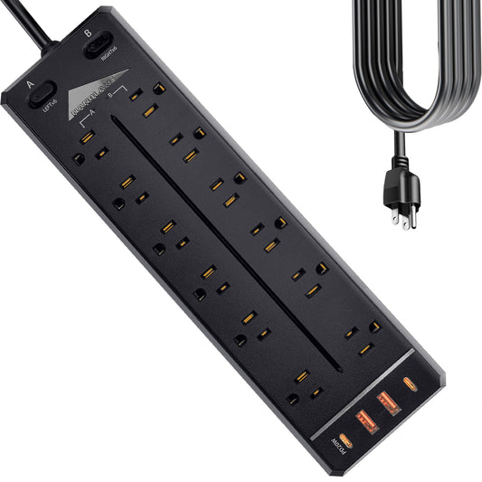 Heavy Duty Power Strip Surge Protector,20A 2500W,Widely 12 Outlets/Dual Switches,20W Fast Charging/PD 20W/QC3.0,350 Joules Protection,12 Gauge 6.5ft