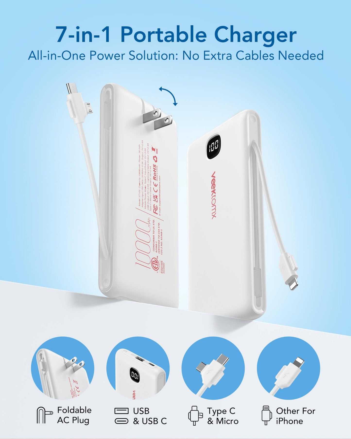 VEEKTOMX Portable Charger with Built in Cables 10000mAh, Power Bank for iPhone with AC Wall Plug, Fast Charging USB C Slim Battery Pack with LED