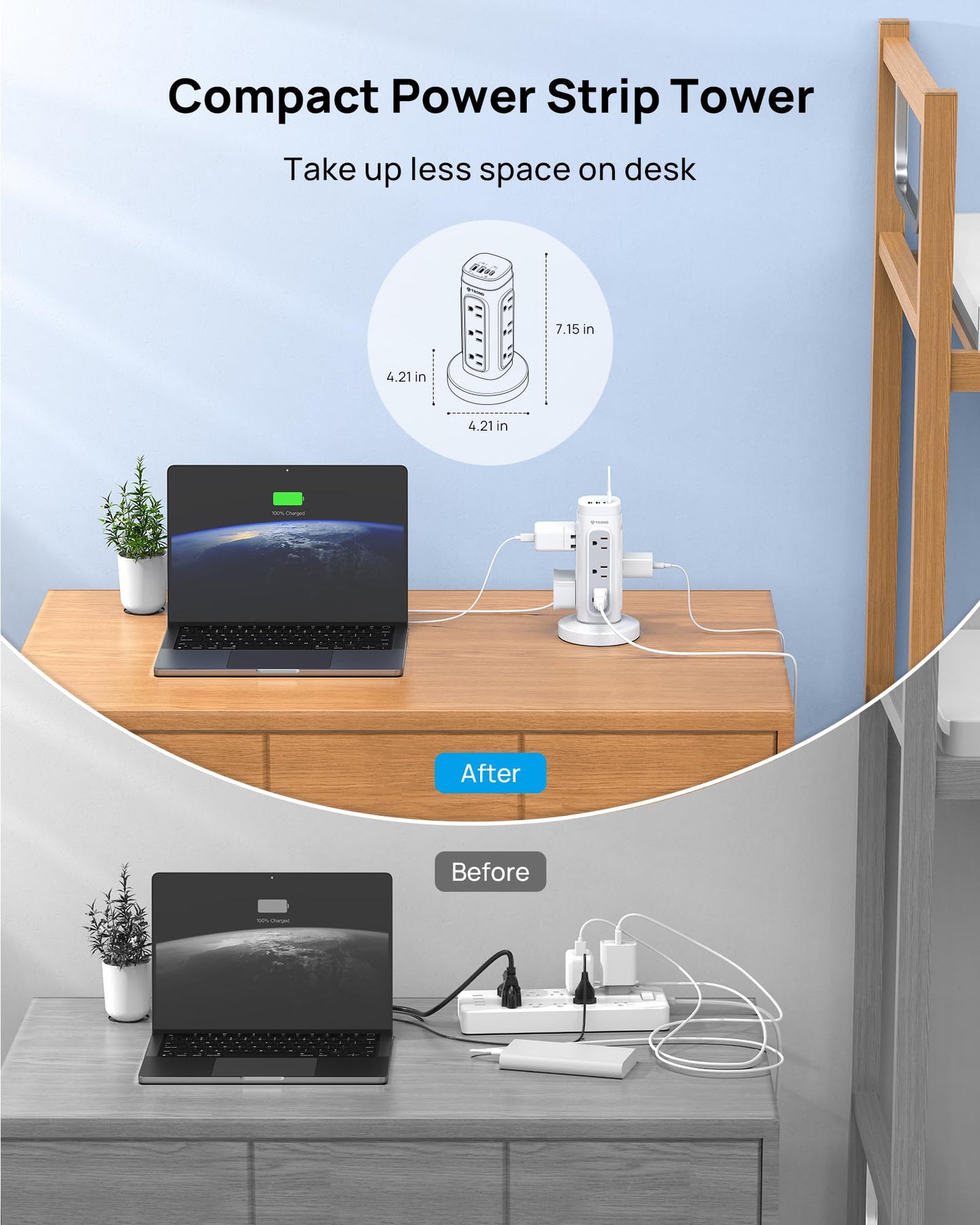 TROND Retractable Power Strip Tower, Space-Saving Surge Protector with USB C PD 20W, 5ft Flat Plug Extension Cord with Multiple Outlets, 4 USB, 1700J
