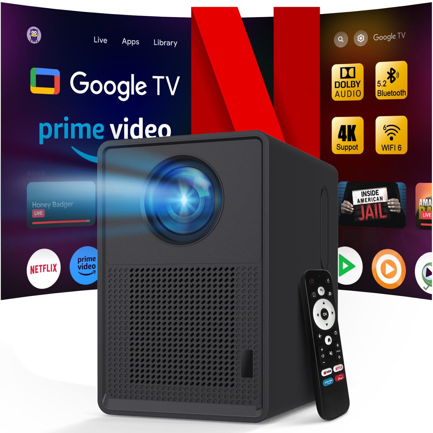 ?Official Licensed Google TV?4K Smart Projector with WiFi and Bluetooth : Unlimited Access to Streaming Apps, 1200 ANSI, Dolby Audio, 80% Zoom, 300"
