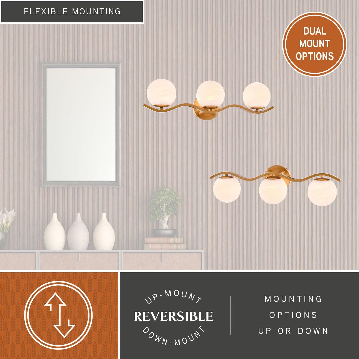 VAXCEL Monticello 3-Light 22 in. Wide Muted Brass Gold Bathroom Vanity Lighting Fixture, White Alabaster Glass Globe Shade, Dimmable, Reversible Over