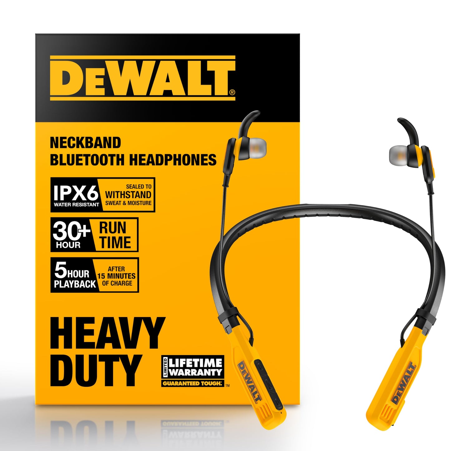 DEWALT Heavy Duty Bluetooth Neckband Headphones, Wireless Around The Neck Earbuds w/ 30H Runtime + Noise Isolation, Secure Magnetic Wireless Earbuds