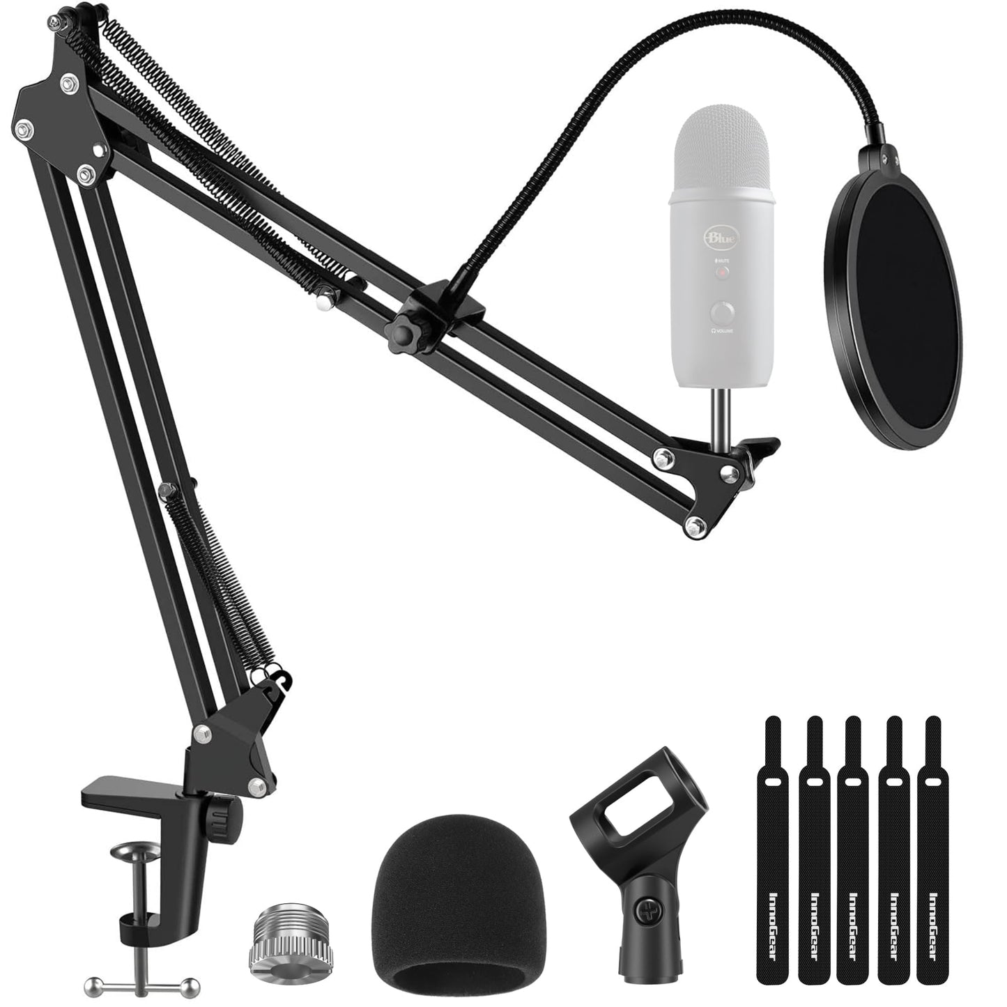 InnoGear Mic Stand for Blue Yeti, Heavy Duty Microphone Stand with Microphone Windscreen and Dual Layered Mic Pop Filter Suspension Boom Scissor Arm
