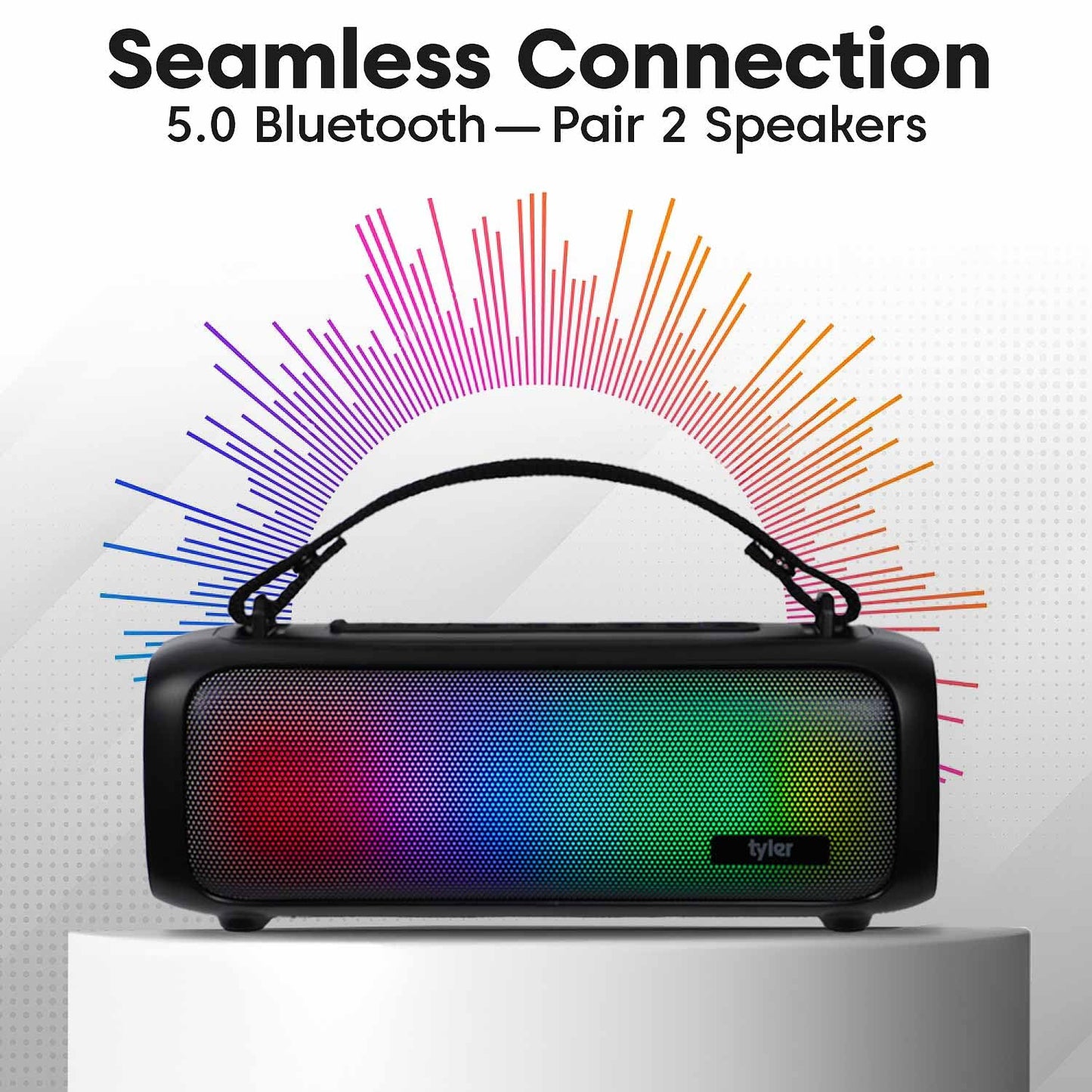 Tyler Wireless Bluetooth Speaker RGB Lighting Long Range Rechargeable Boombox USB MP3 AUX Inputs Fm Radio Sound & Bass Carry Strap Lightweight