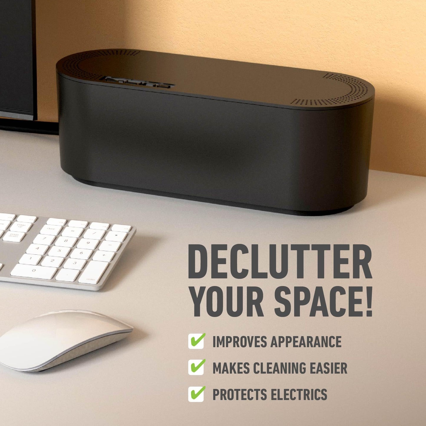 D-Line Cable Management Box, Power Strip Cover, Floor Outlet Hider, Desk Cord Organizer, Hide Extension Leads, 12.75" (L) x 5" (W) x 4.5" (H), for use