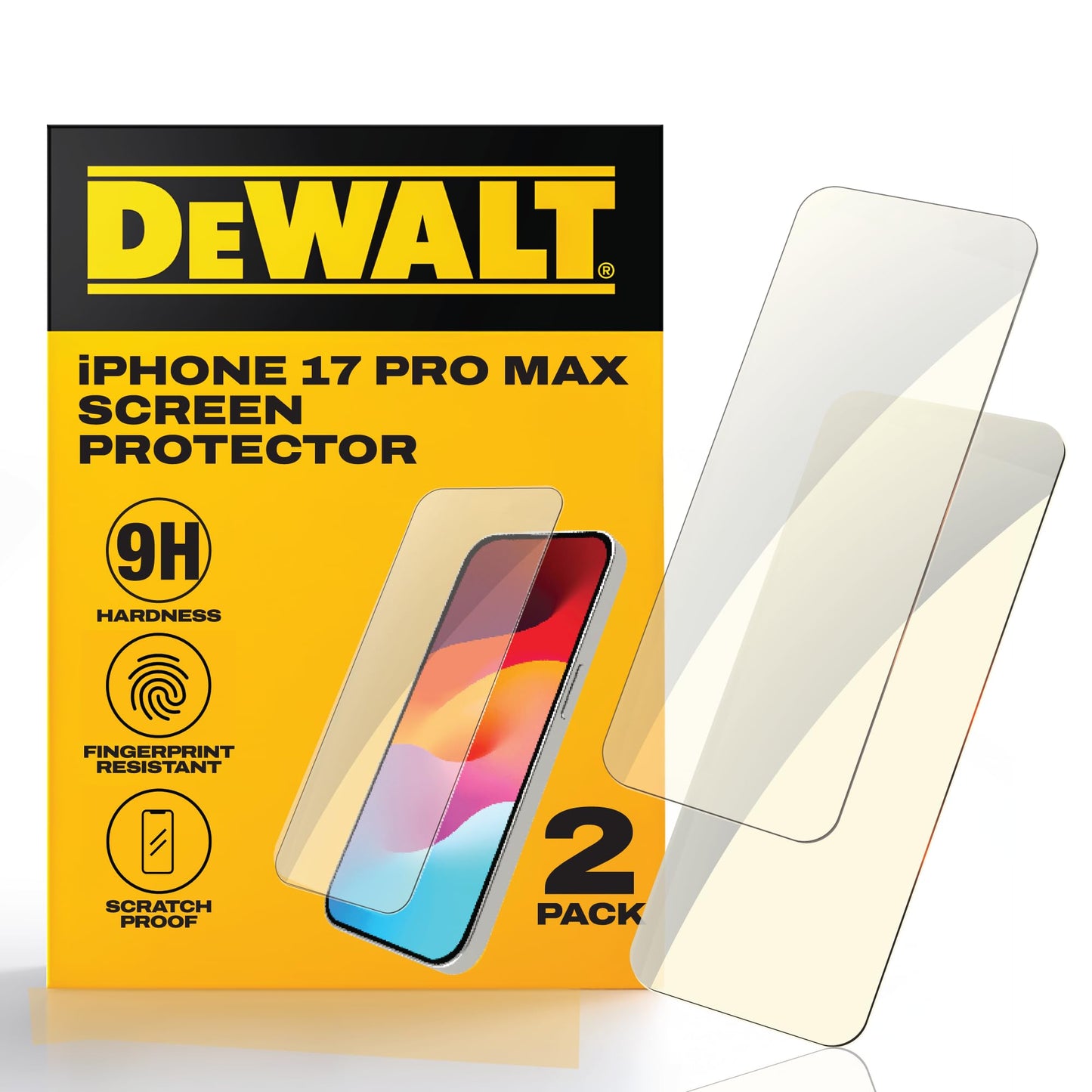 DEWALT Heavy Duty Glass Screen Protector Compatible with iPhone 17 Pro Max, 2 Pack Protective Tempered Glass Screen Shield, Oleophobic Case Friendly