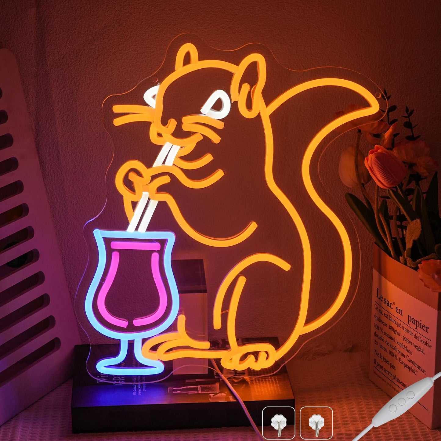 Squirrel Cocktail Neon Sign for Wall Decor Orange Squirrel Neon Light Bar LED Signs Animal LED Light for Bedroom Man Cave Business Club Game Room