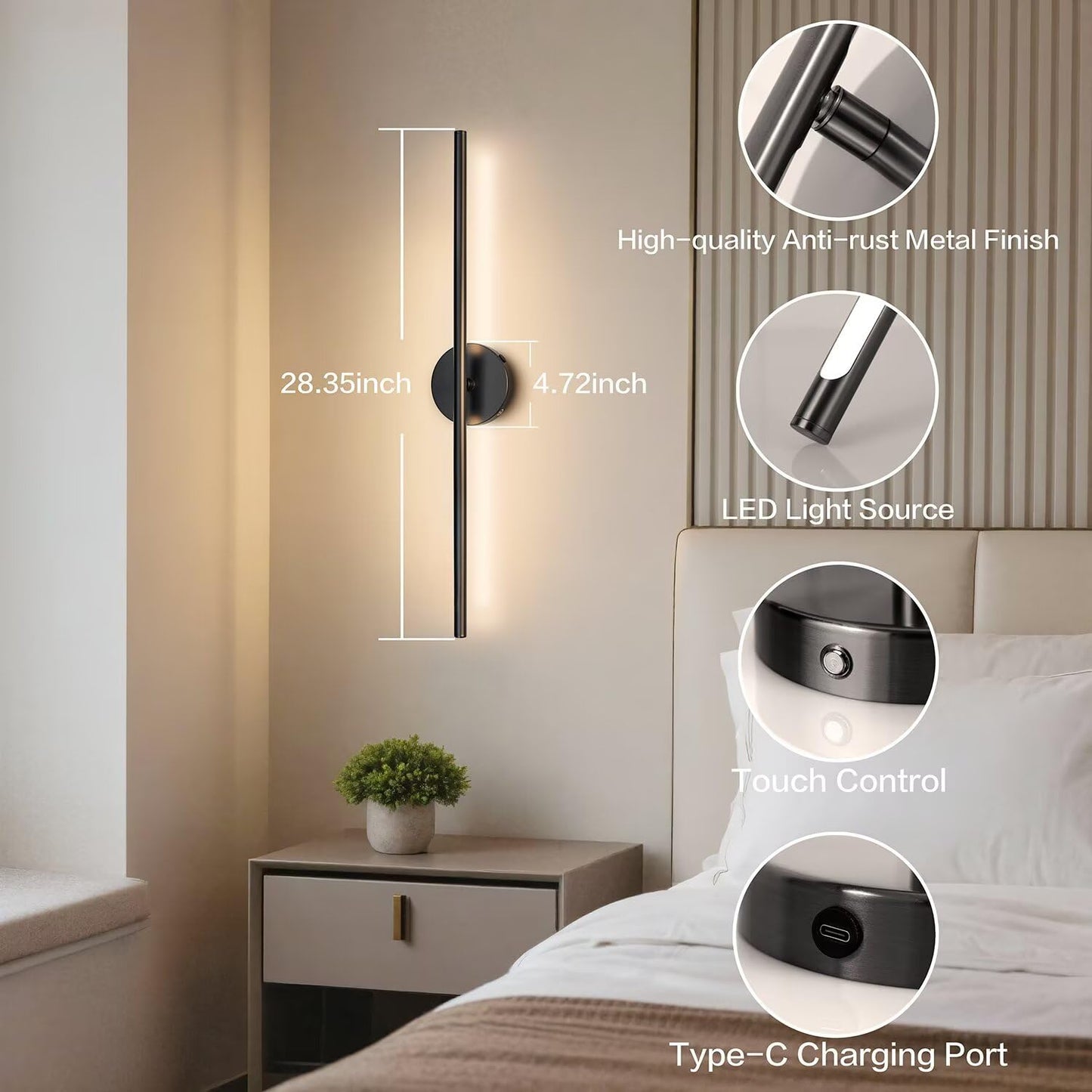 Coolilumi Rechargable Wall Sconce Set of Two, Modern Wireless USB Sconce Lights with Remote, 28.35Inch Dimmable Indoor Home Wall Decor Lights