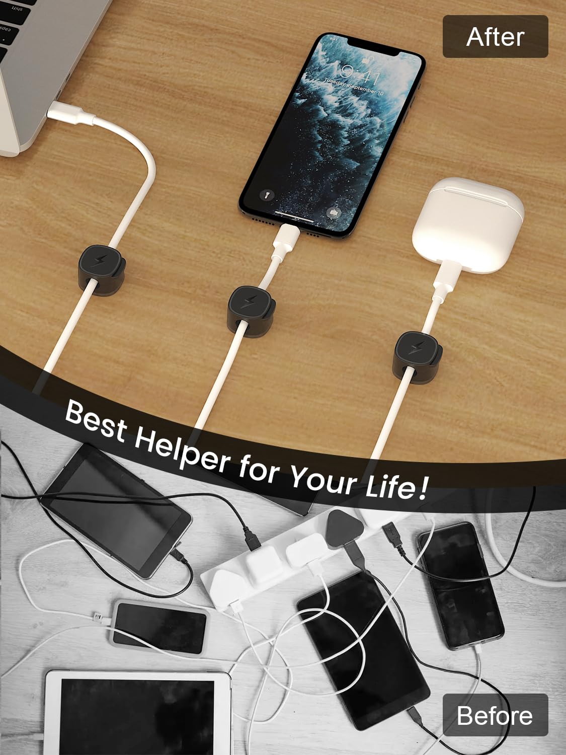 Magnetic Cable Organizer Clips, [1s Lock] 6-Pack Adjustable Cord Holders for Nightstand, Desk, Charging Cable, Tangle-Free Adhesive Wire Management