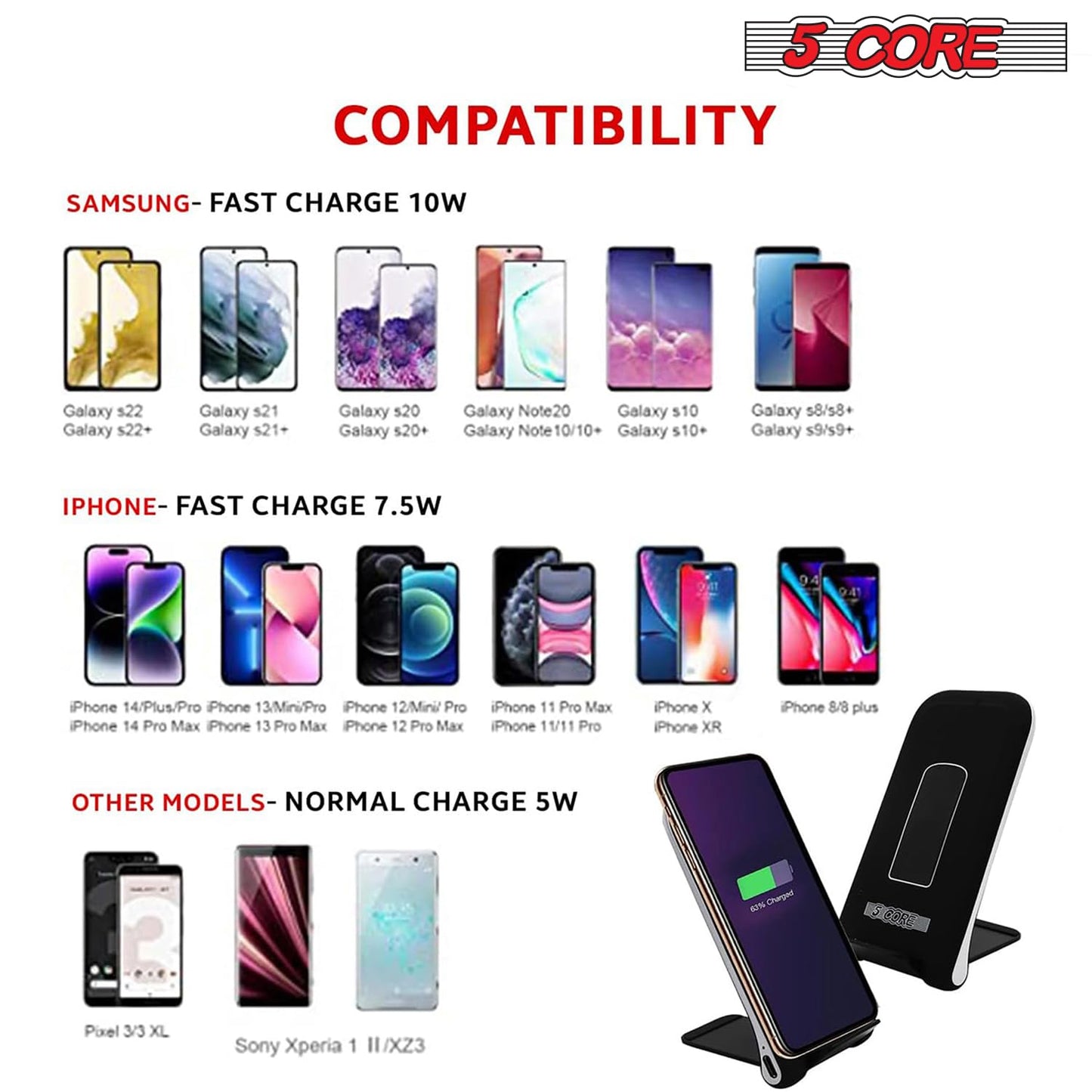 5 Core Fast Wireless Charging Stand 10W 2PCS w Adaptive Sleep Friendly Light Compatible with Smartphones - CDKW03