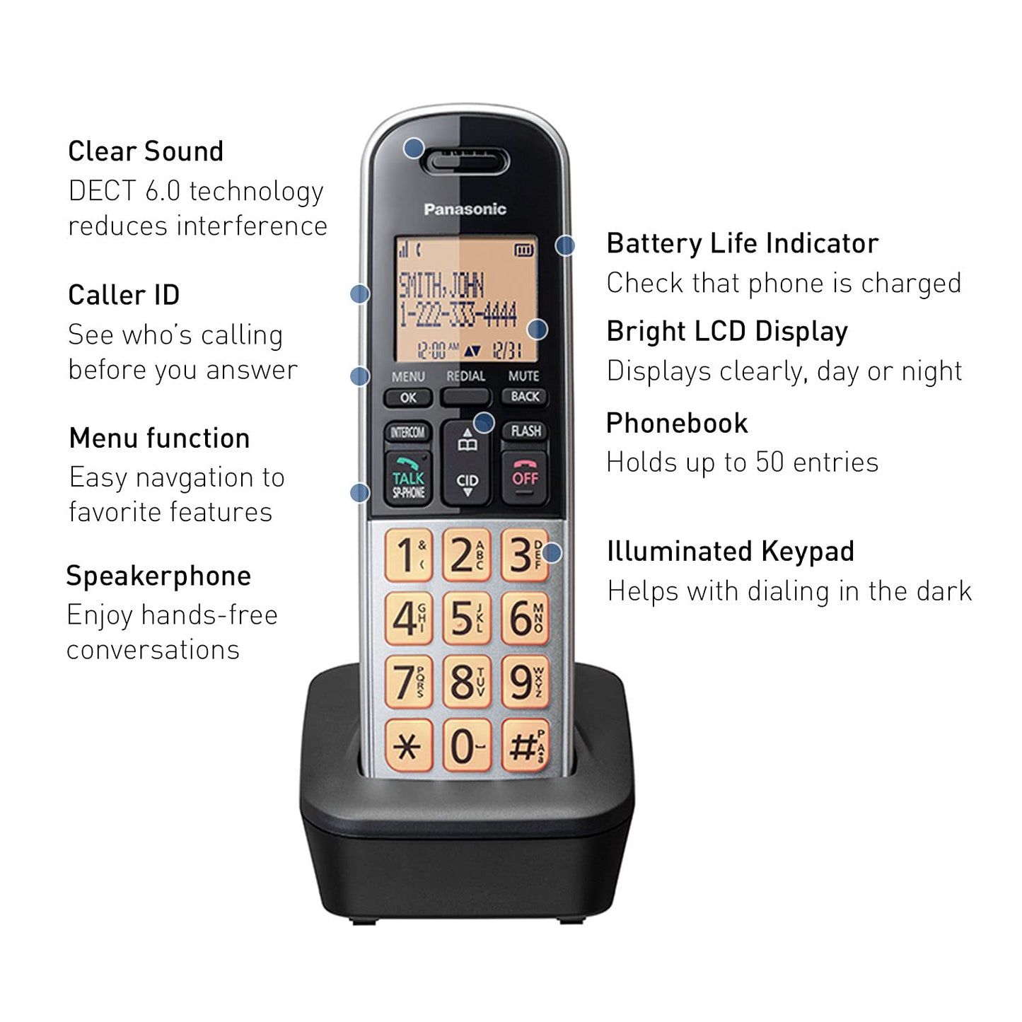 Panasonic Compact Cordless Phone with DECT 6.0, 1.6" Amber LCD and Illuminated HS Keypad, Call Block, Caller ID, Multiple Display Languages - 2