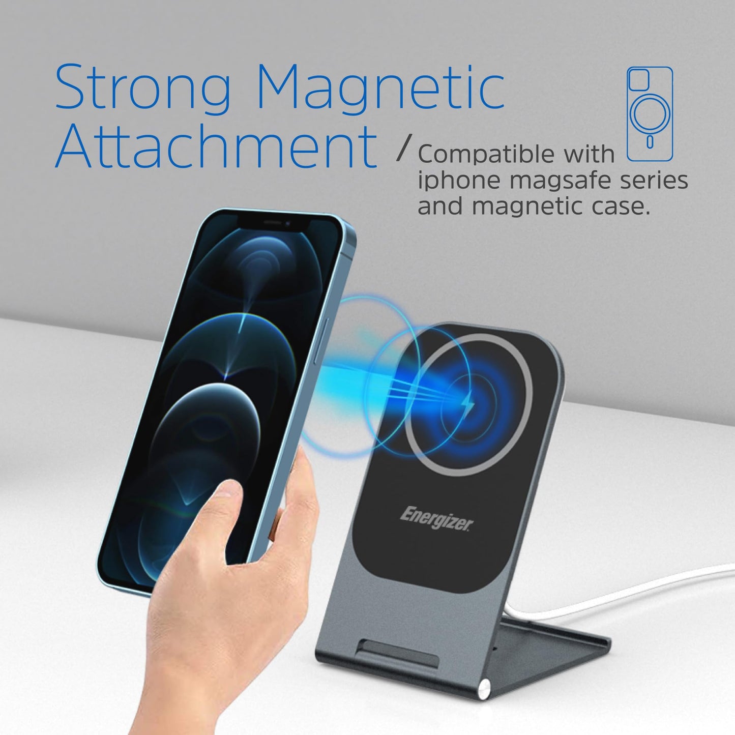 Energizer WCP102 Ultra Thin Wireless Charging Stand, MagSafe, 15W Max, 3mm, 180 Degree Adjustment, Aluminium Alloy