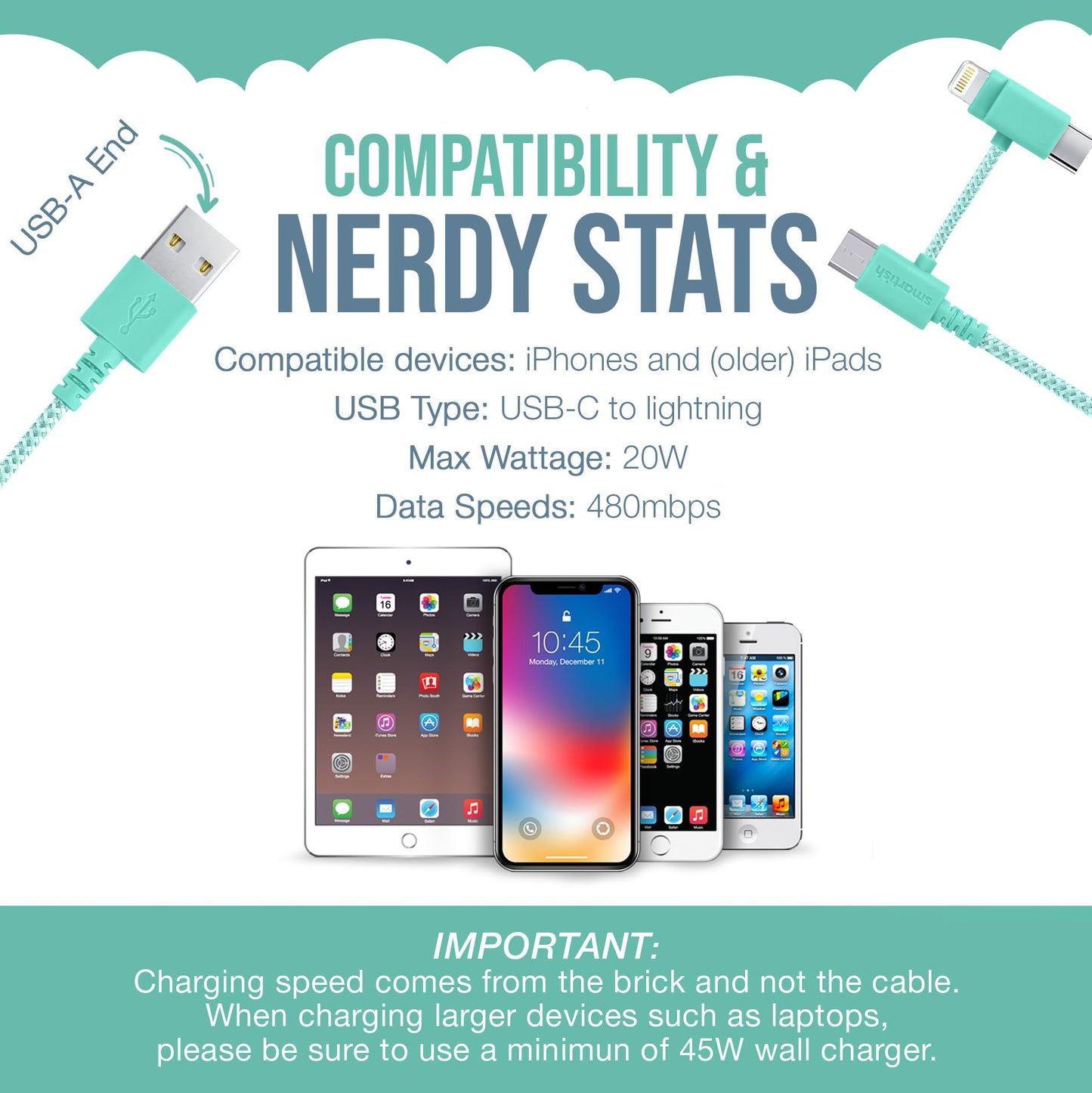 Smartish Lightning Fast Charging Cable - Crown Joule [Durable Nylon Fabric Cord] MFi Certified for iPad, Airpods, iPhone - Teal Me More - 6ft
