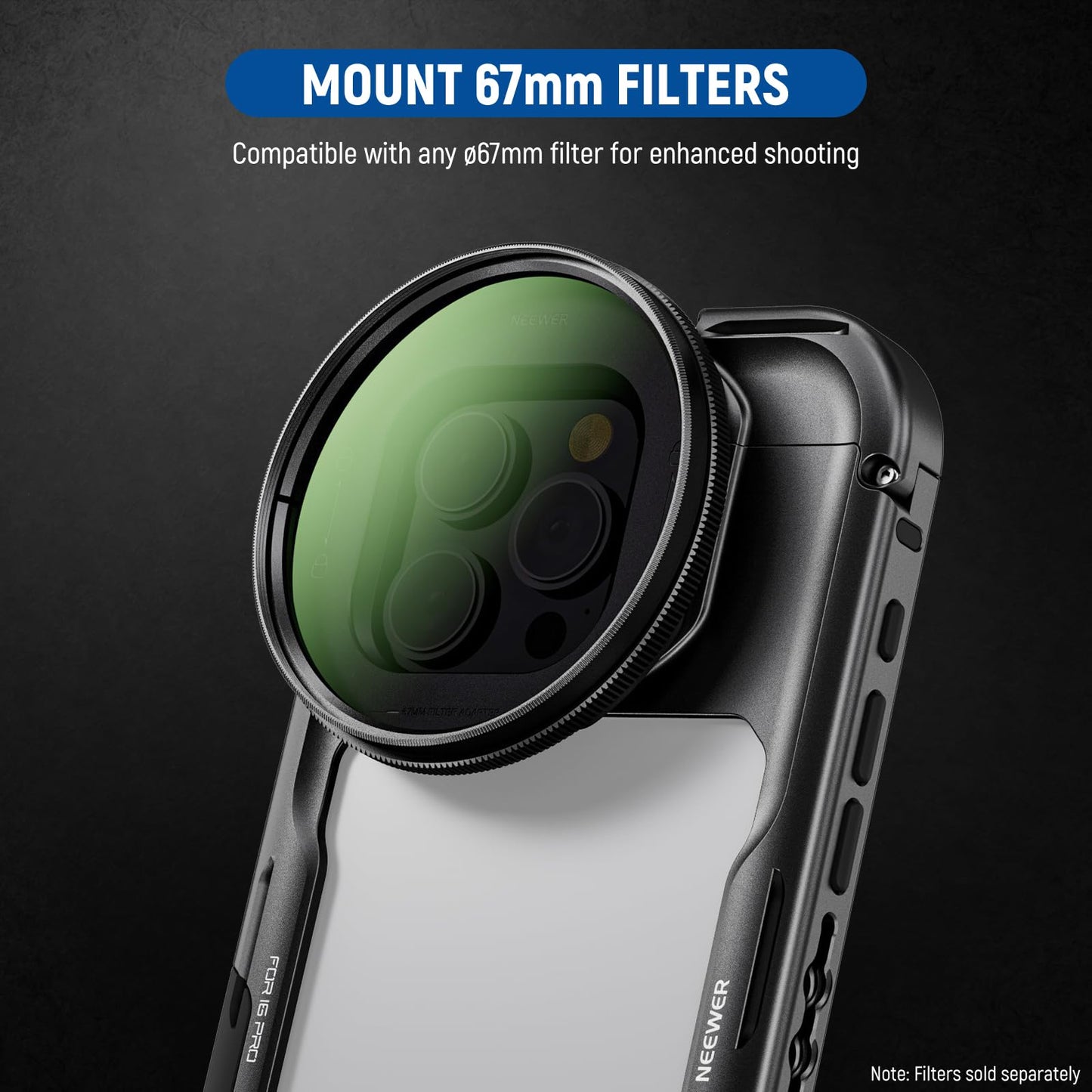 NEEWER 16 Pro Cage, Quick Release Video Rig Phone Stabilizer Compatible with iPhone 16 Pro with 67mm Filter Adapter, 17mm Lens Backplate, T Mount Lens