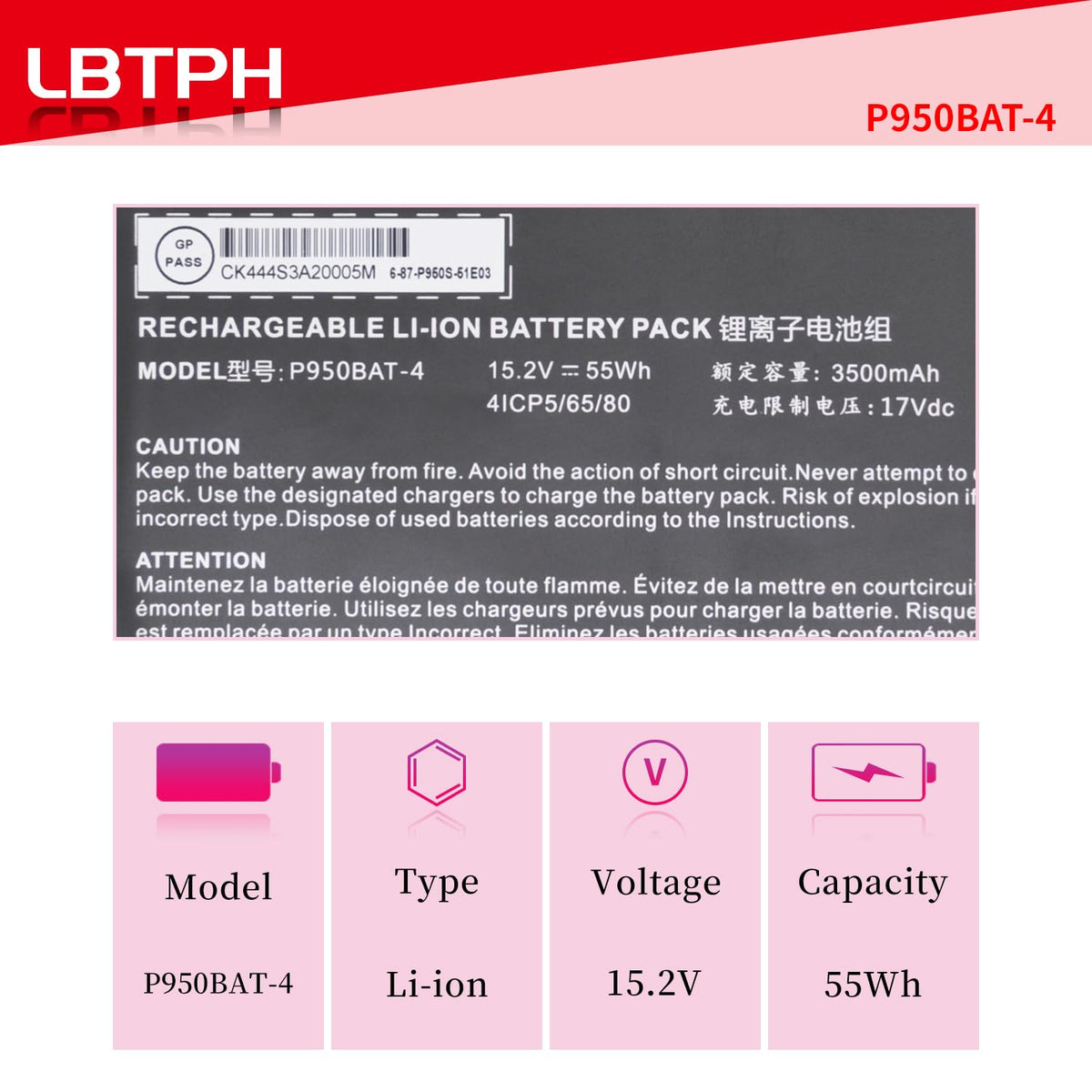 P950BAT-4 Laptop Battery Replacement for Clevo P950HP6 Sager NP8950 Series