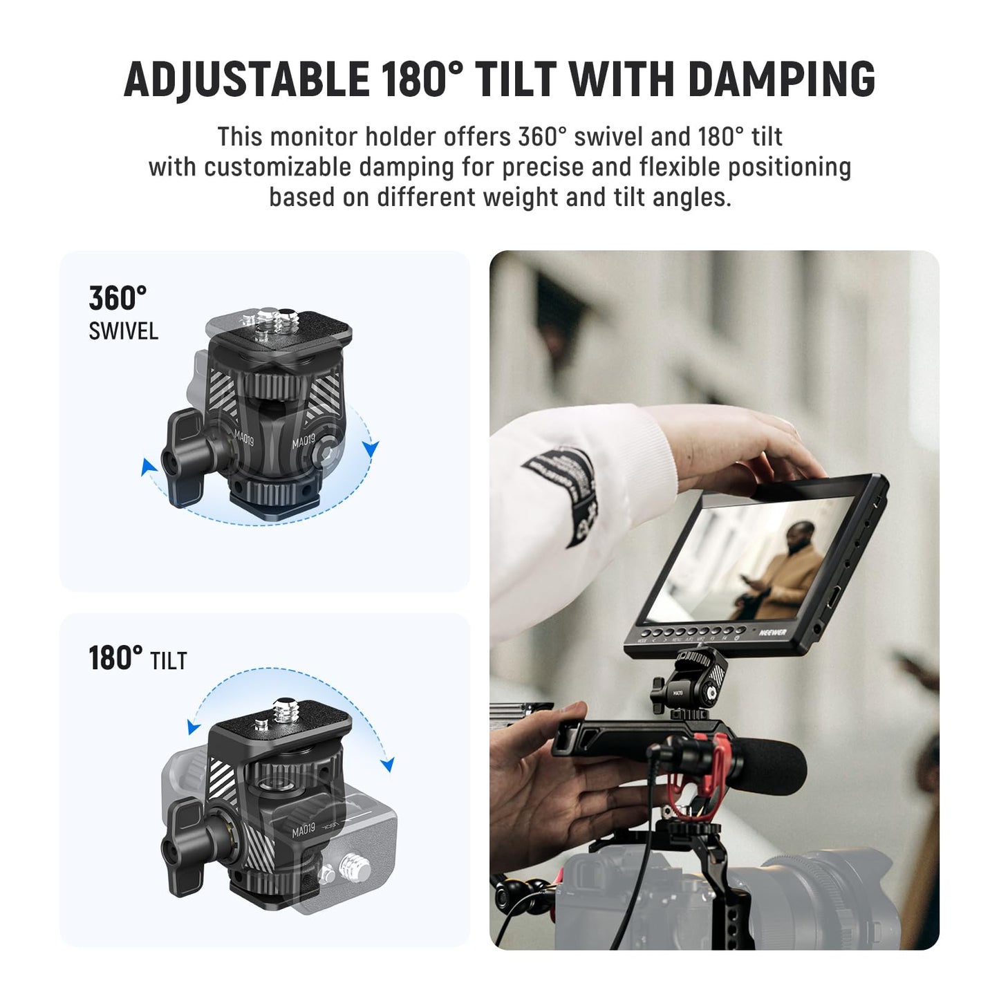 NEEWER Field Monitor Mount Holder with Cold Shoe Adapter 360 Swivel 180 Tilt Anti Twist Screw/Cleaning Cloth, Compatible with Atomos Ninja 5"/7"