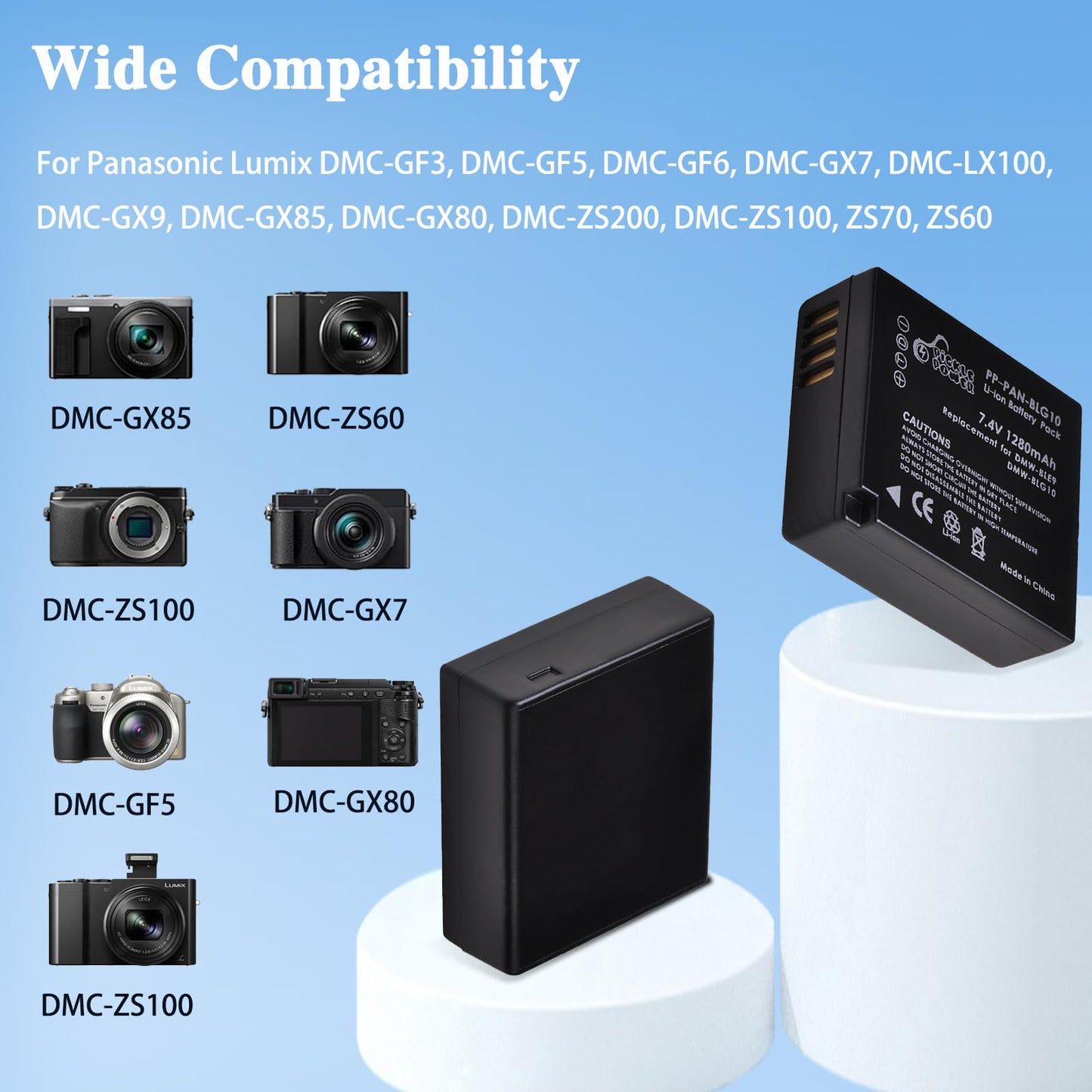 Pickle Power DMW-BLG10 DMW-BLG10PP DMW-BLE9 Battery and Charger for Panasonic Lumix DMC-GX7 DC-GX9 DMC-GX85 DMC-GF5 DMC-GF6 DMC-GF3 DC-ZS80 DMC-ZS60