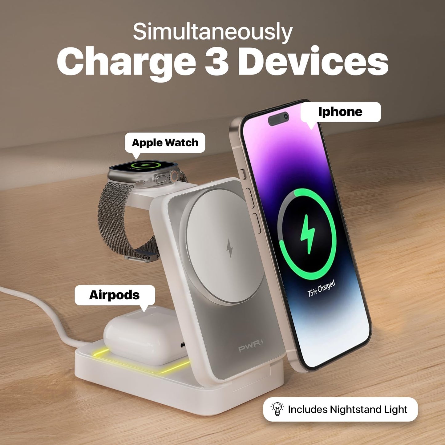 PWR Fold 2.0 4-in-1 Charging Station for Multiple Devices - Portable Wireless Charging Station Compatible with Apple Watch, iPhone, Samsung, Airpods