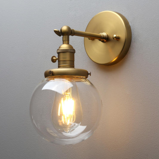 PERMO Vintage Wall Sconce Industrial Lighting Fixture with 5.9" Round Clear Glass Globe Hand Blown Shade (Antique)