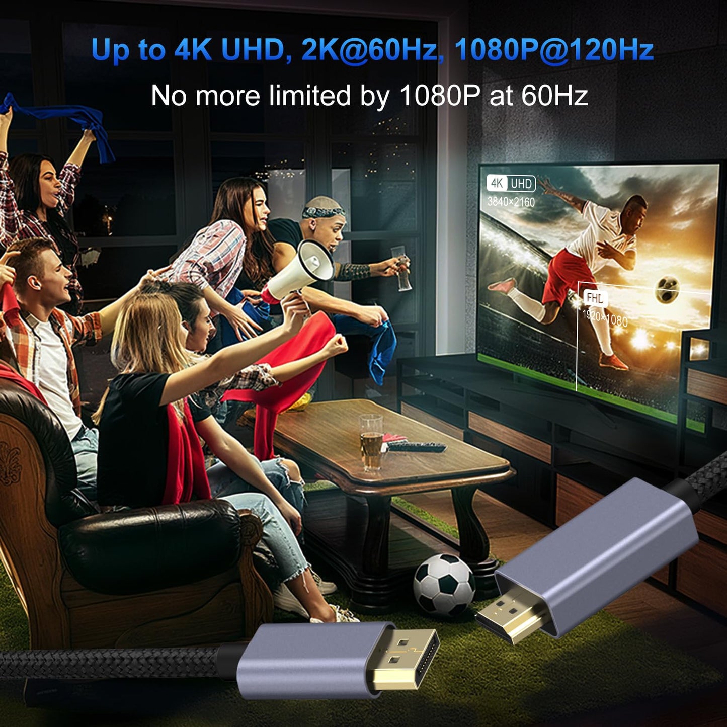 DisplayPort to HDMI Cable 4K, DP to HDMI Male Video UHD 4K@30Hz/2K@60/1080P@120 Nylon DP to HDTV Uni-Directional Cord for Dell, Projector, Desktop