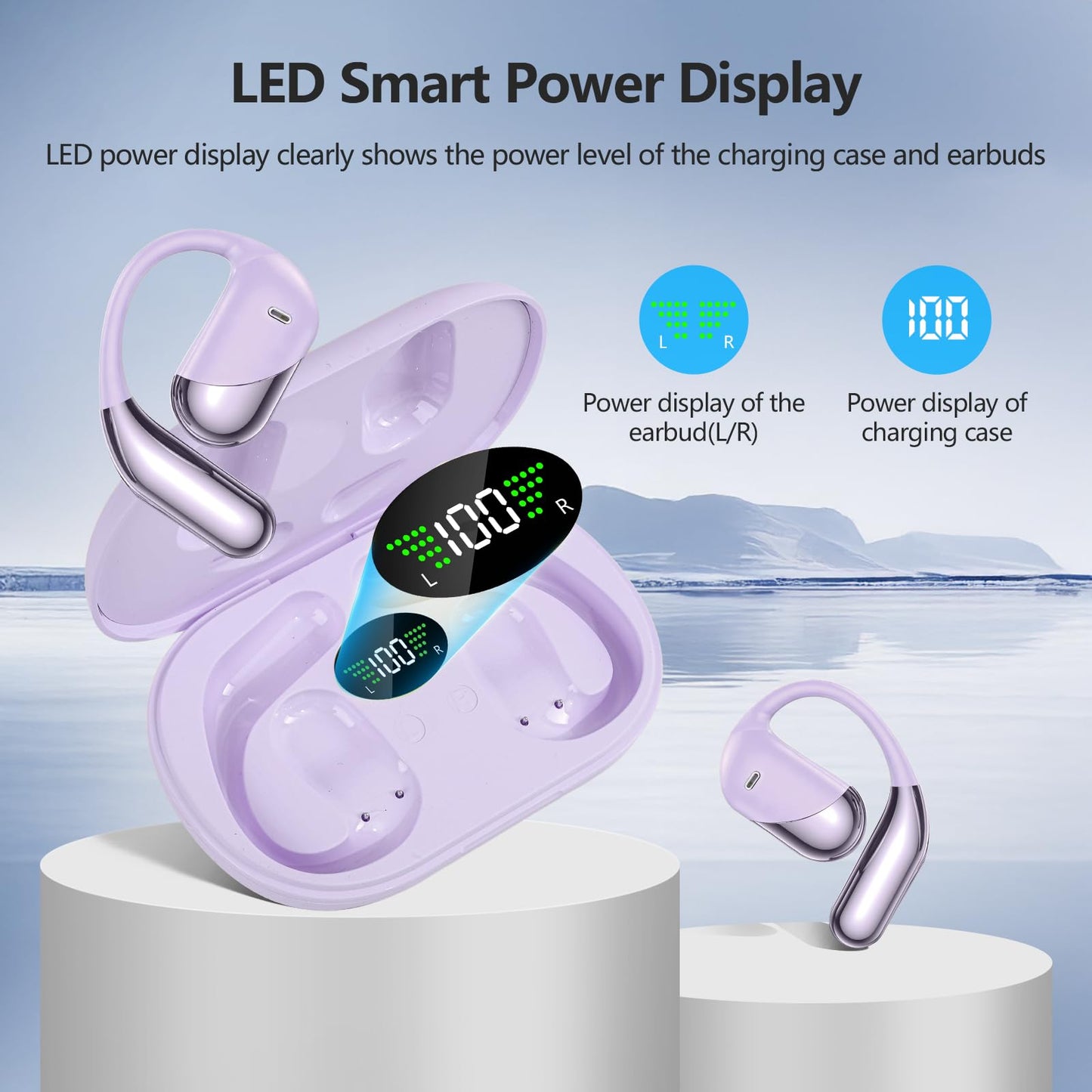 2026 Open Ear Headphones,Over Ear Buds Clip Wireless Earbuds Built-in Mic Earhook,Bluetooth LED Display,60H Playtime Touch Control Ultra-Comfort
