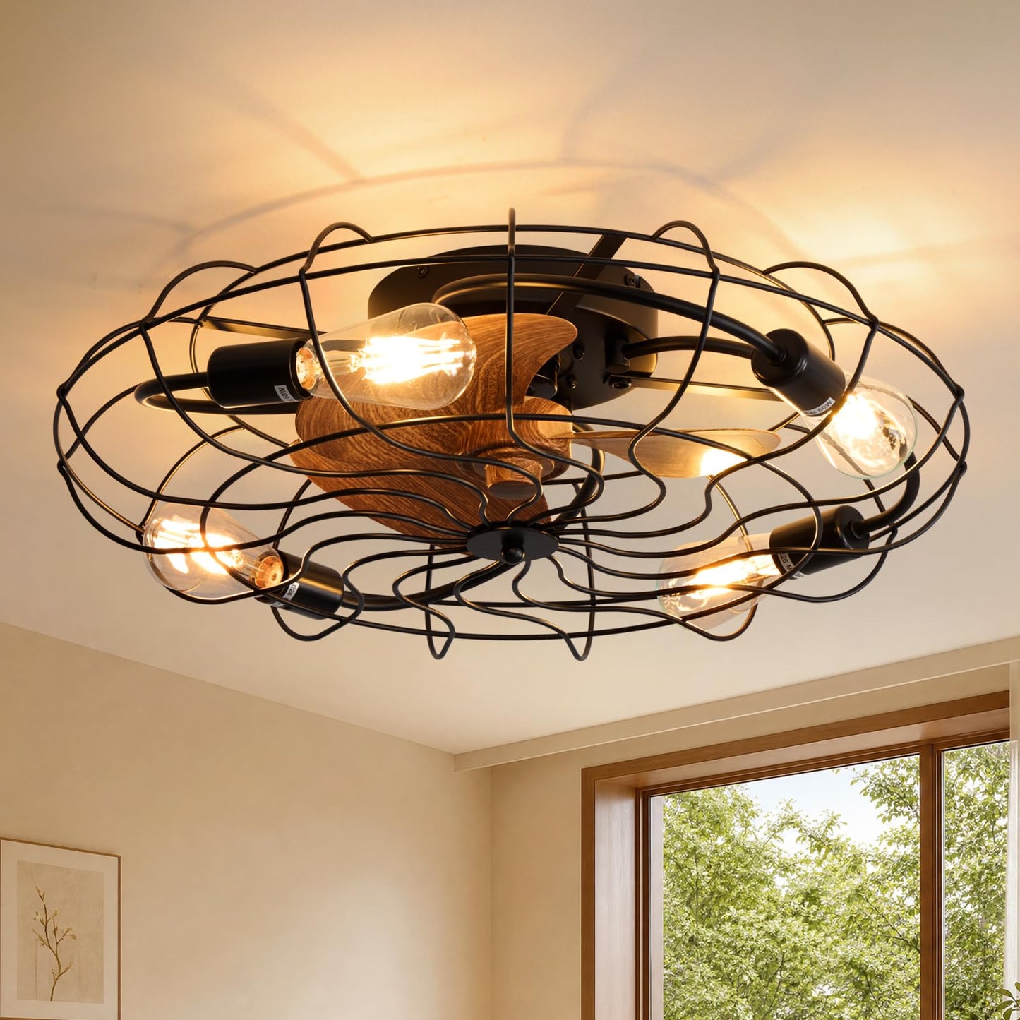 Kaullyzu Caged Ceiling Fan with Light and Remote, 24" Farmhouse Low Profile Ceiling Fan with Lights, Quiet Reversible DC Motor, 6-Speed Enclosed
