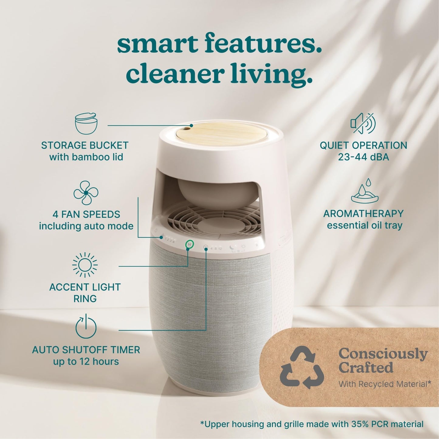 Homedics Natura Air Purifier for Home 975 Sq Ft Bedroom & Office, True HEPA Air Cleaner with Activated Carbon Air Filter, Smart Air Quality Sensor