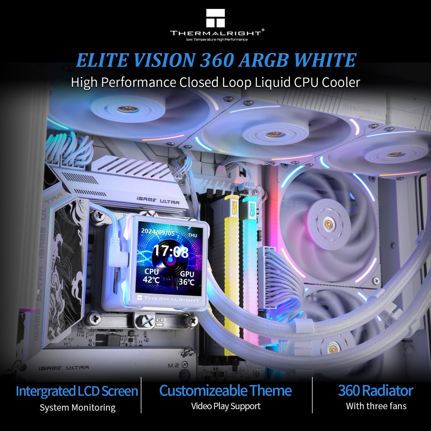 Thermalright Elite Vision 360 ARGB White CPU Water-Cooling Cooler, Standard 120MM Water-Cooling Fan Speed 2150RPM, 2.73-inch Display IPS LCD Screen