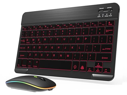Backlit Bluetooth Keyboard and Mouse Combo for iPad Air Pro Mini Tablet iPhone Android Samsung Smartphone Cell Phone Rechargeable Ultra Slim Compact