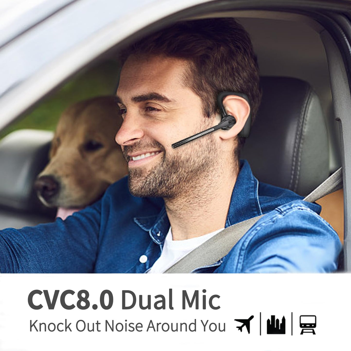 Conambo Bluetooth Headset with Dual Mic Noise Canceling & Mute Button Wireless Earpiece 16 Hrs Talking for Home Office Trucker - Compatible