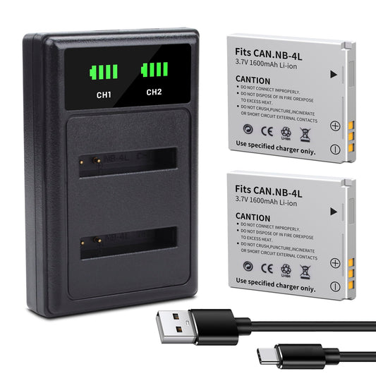 2Pack NB-4L NB4L Battery with Dual Fast Charger Compatible for Canon PowerShot ELPH 100 HS 300 HS 330 HS 310 HS SD1000 SD1100 is SD1400 is SD200 SD30
