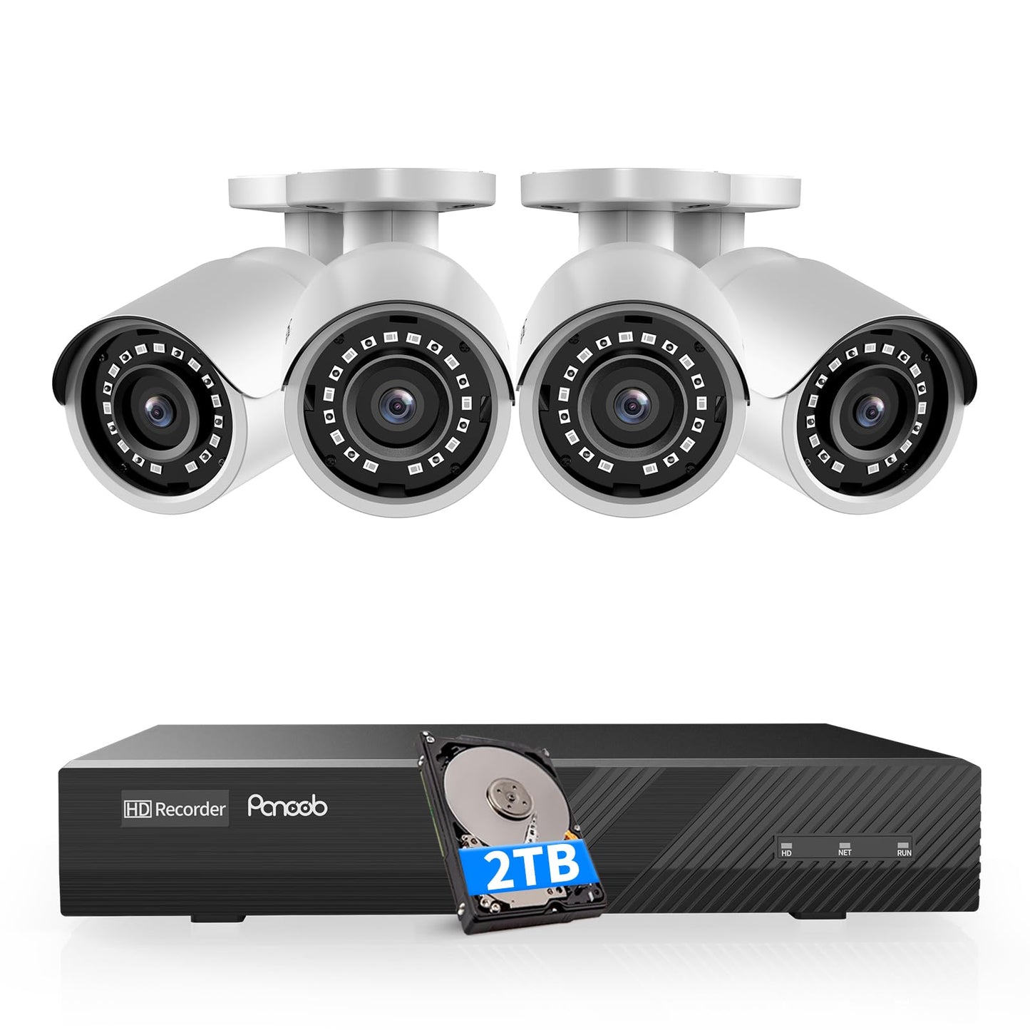 PANOOB 4 Camera Security System, 4pcs 5MP Wired Home Bullet IP PoE Cameras Outdoor with Mic/Audio, AI Human Detection, 100ft IR Night Vision, 4K 8